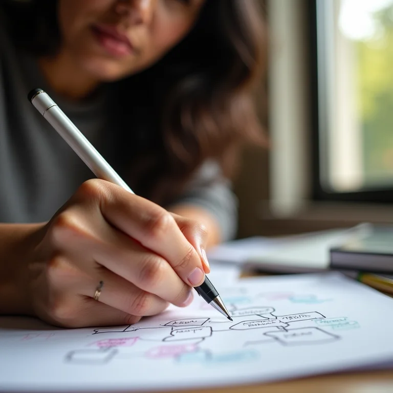 Mulher parda/latina conectando ideias em um mapa mental.