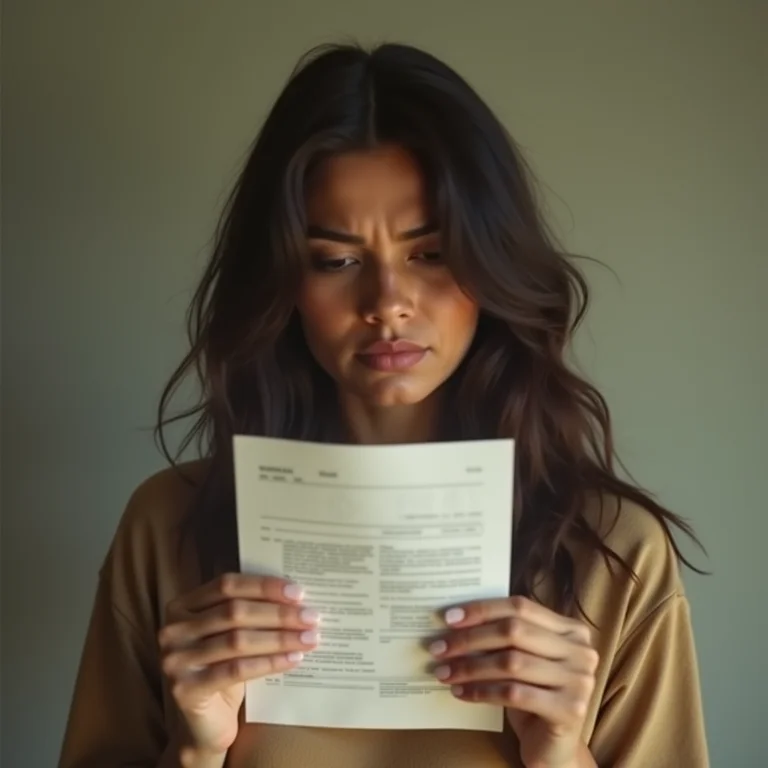 Mulher parda/latina confusa vendo um documento se transformar em algo diferente.