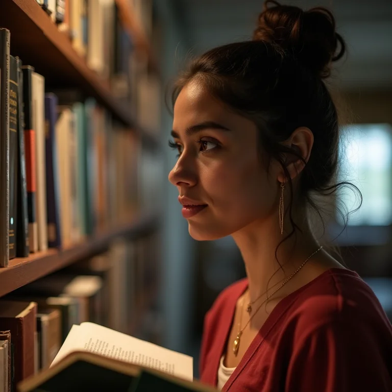 Mulher parda/latina escolhendo materiais de estudo.