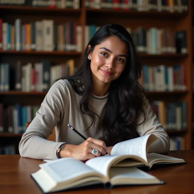Mulher parda/latina estudando em uma biblioteca universitária no México