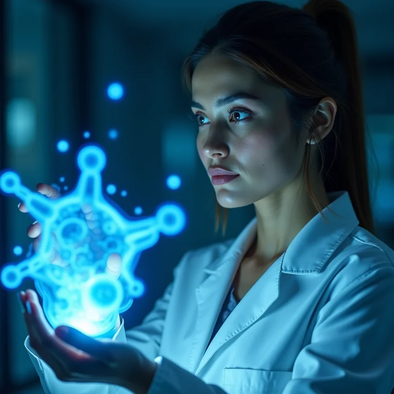 Mulher parda/latina examinando projeção holográfica de molécula.