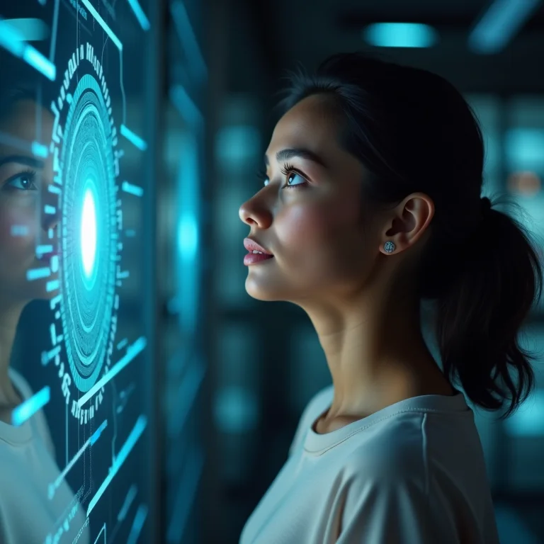 Mulher Parda/Latina observando uma simulação de computação quântica.