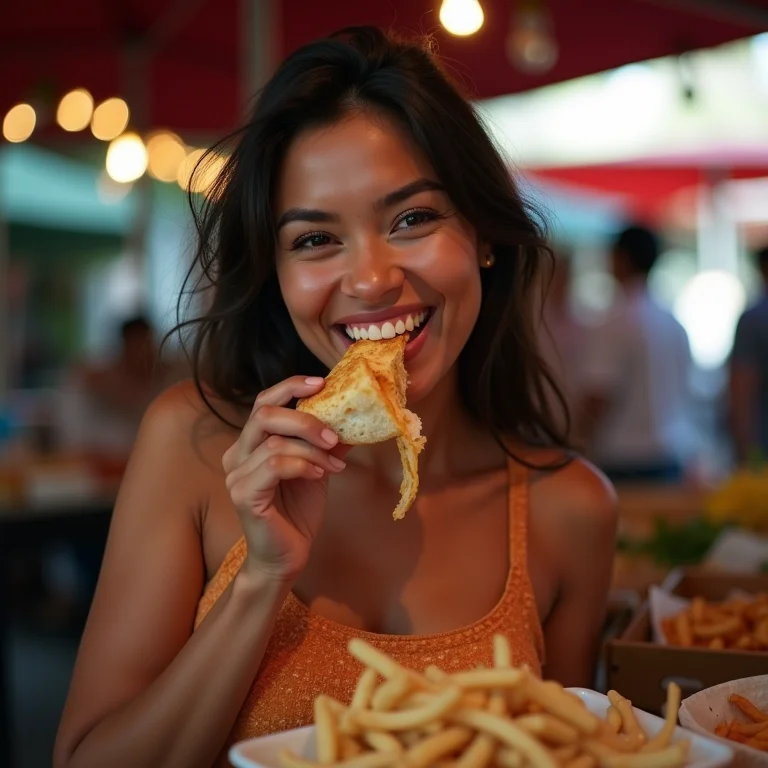 Mulher parda/latina saboreando comida de rua em mercado local