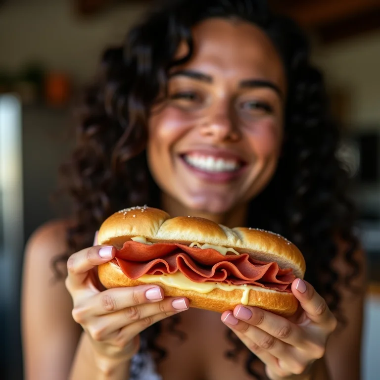 Mulher parda/latina sorrindo com sanduíche de mortadela e queijo.