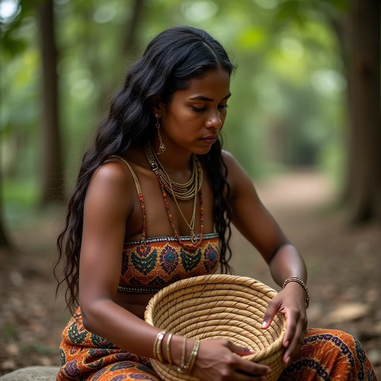 Mulher Parda/Latina tecendo um cesto com materiais da Caatinga.