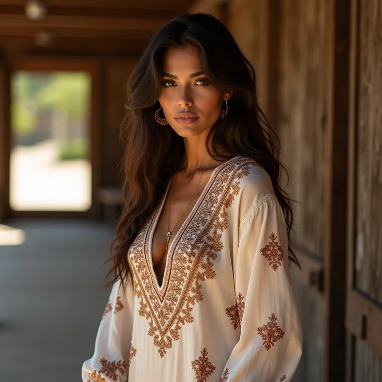 Mulher parda/latina usando caftan de seda bordado em um beach club