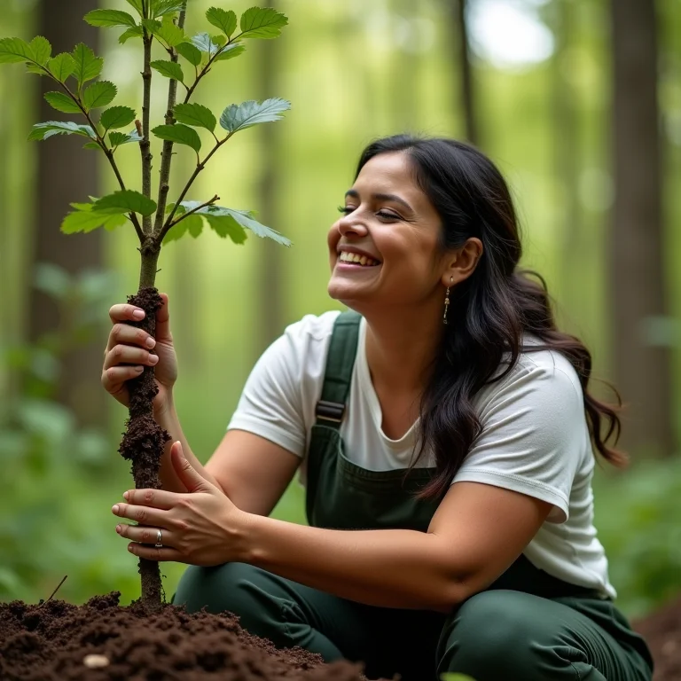 Mulher plantando árvore em floresta