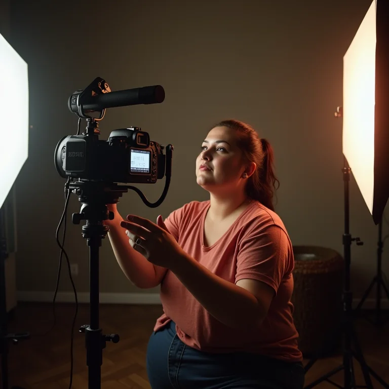 Mulher plus size ajustando iluminação artificial para gravação