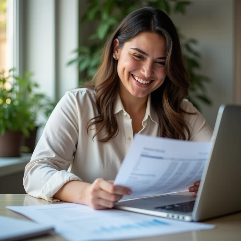Mulher plus size analisando balanço financeiro no laptop
