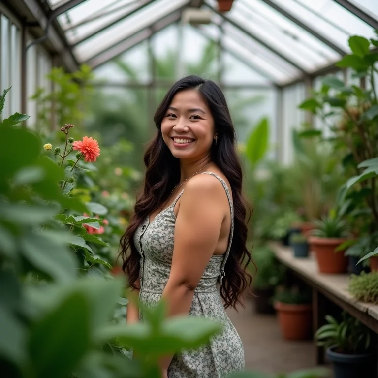 Mulher plus size cercada por plantas na estufa do Jardim Botânico de Curitiba