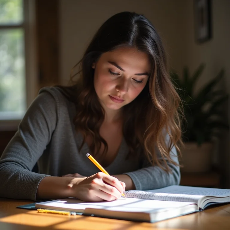 Mulher plus size concentrada, fazendo anotações durante sessão de estudos