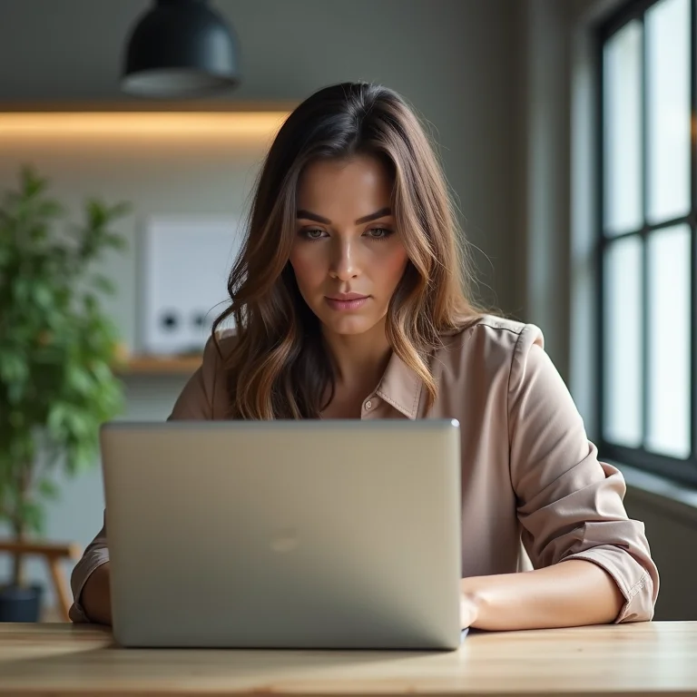 Mulher plus size confiante revisando experiências profissionais no laptop.