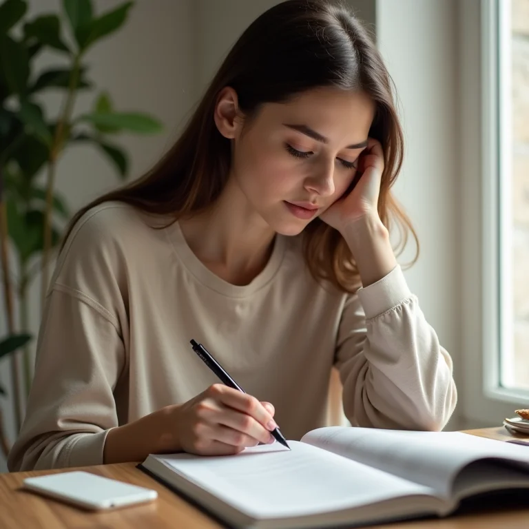 Mulher plus size escrevendo descrição detalhada de produto. Descrição detalhada.