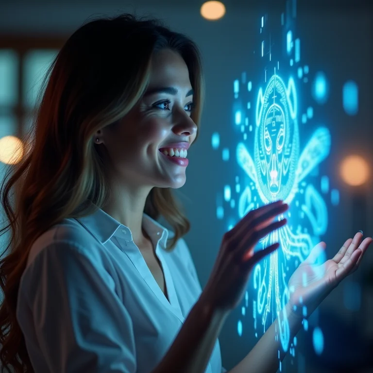 Mulher plus size interagindo com projeção holográfica em sala de aula.