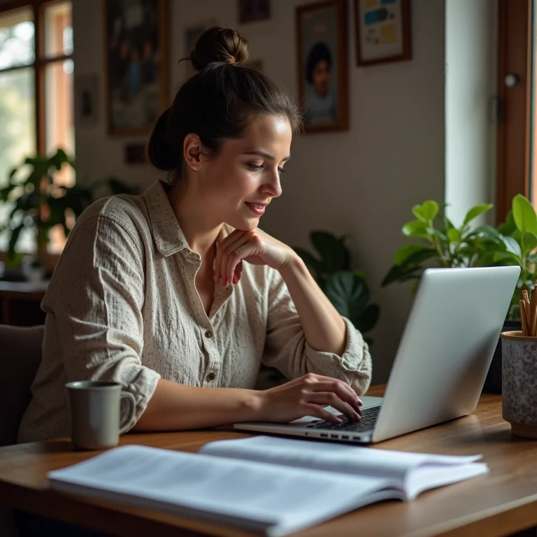 Mulher plus size organizando dados da árvore genealógica no laptop