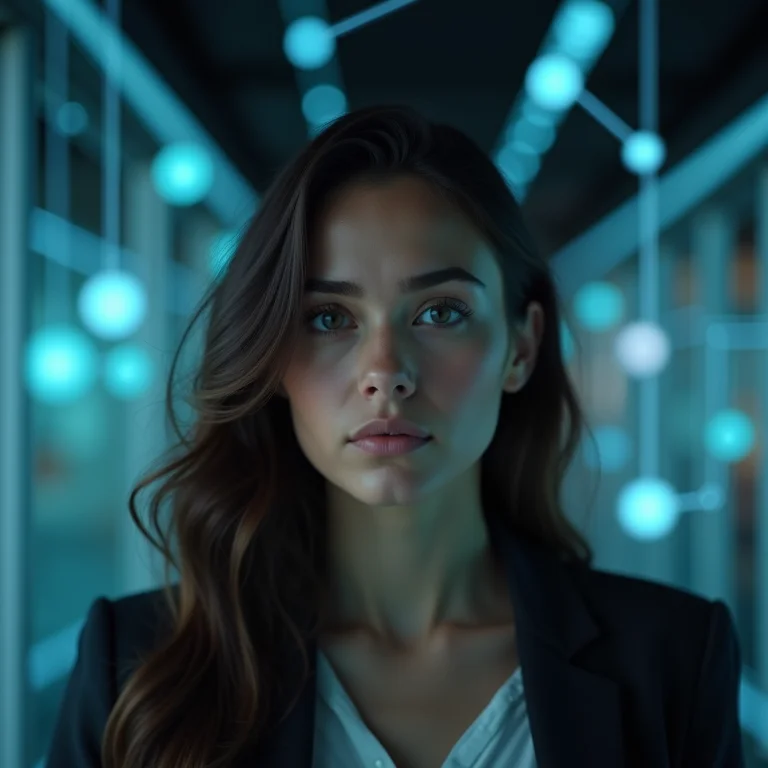 Mulher plus size preocupada com a privacidade em meio a uma rede de dados interconectados.