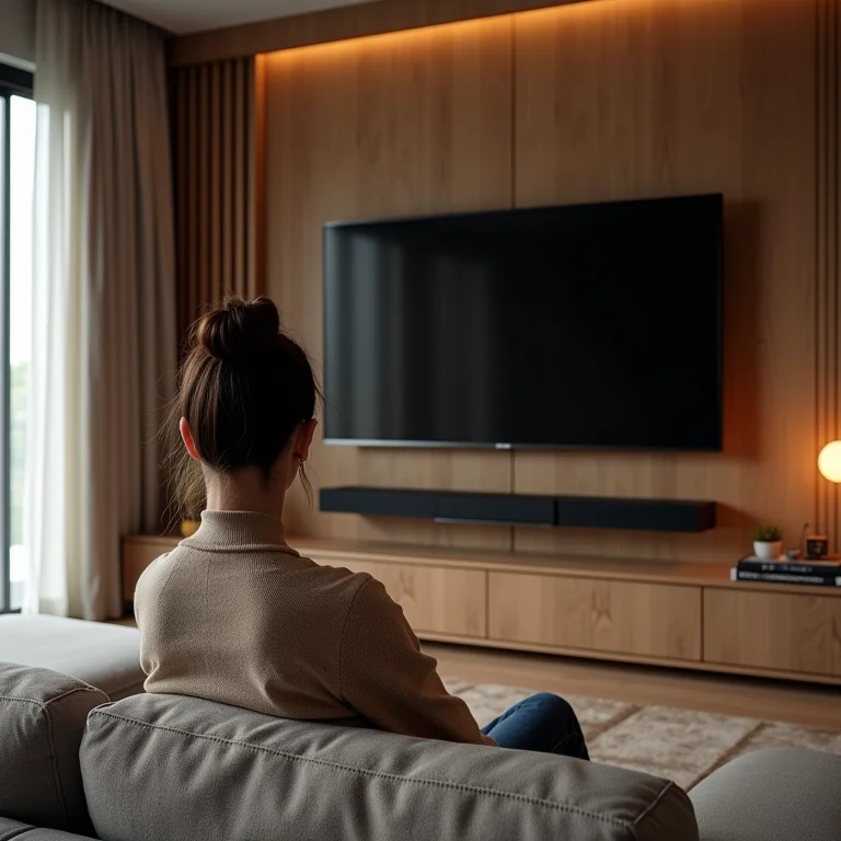 Mulher plus size relaxando em frente ao painel de TV com rack