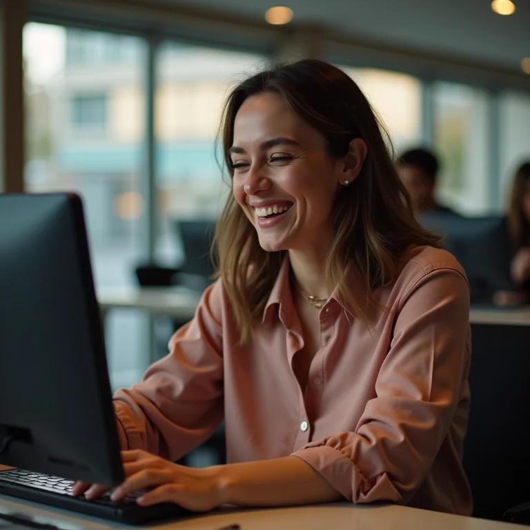 Mulher plus size rindo ao usar computador para buscar endereço