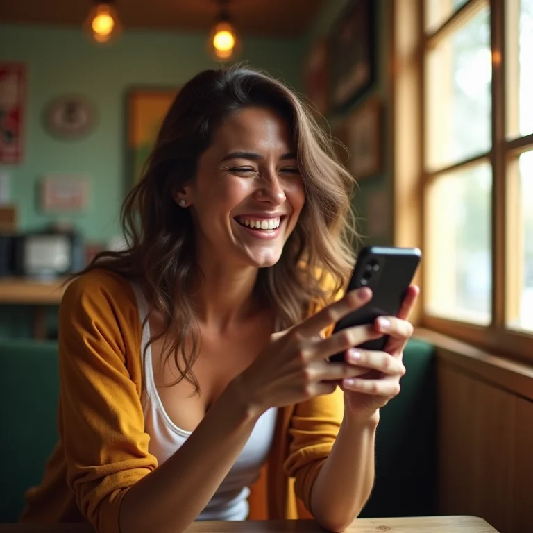 Mulher plus size rindo enquanto reserva Uber em hostel em Florianópolis