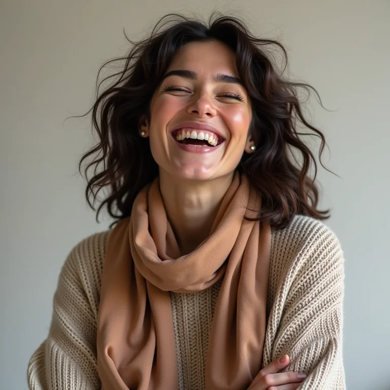 Mulher plus size rindo usando mix de texturas.