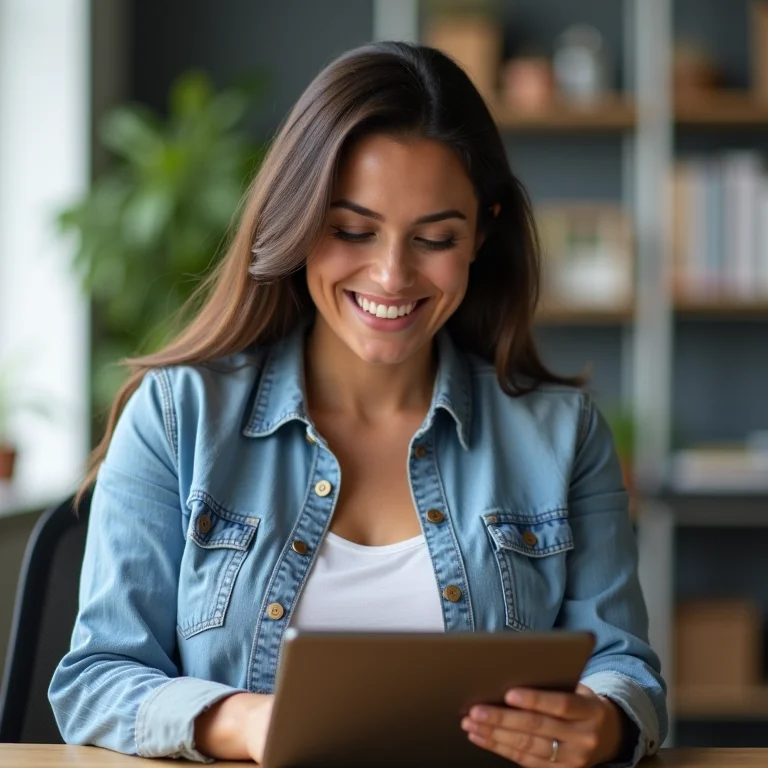 Mulher plus size sorrindo ao analisar métricas de SEO em um tablet