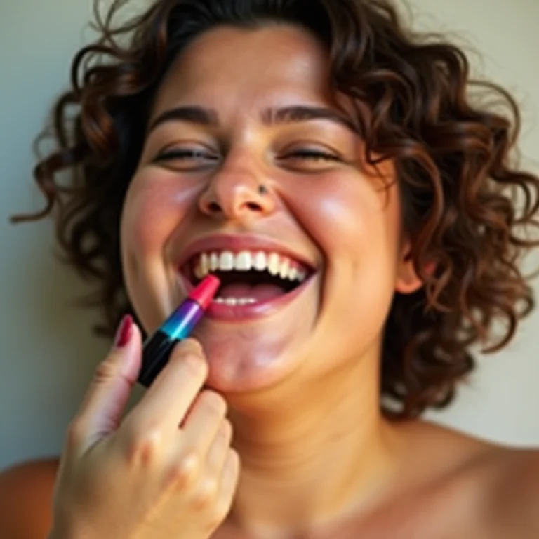 Mulher plus size sorrindo com corretivos coloridos