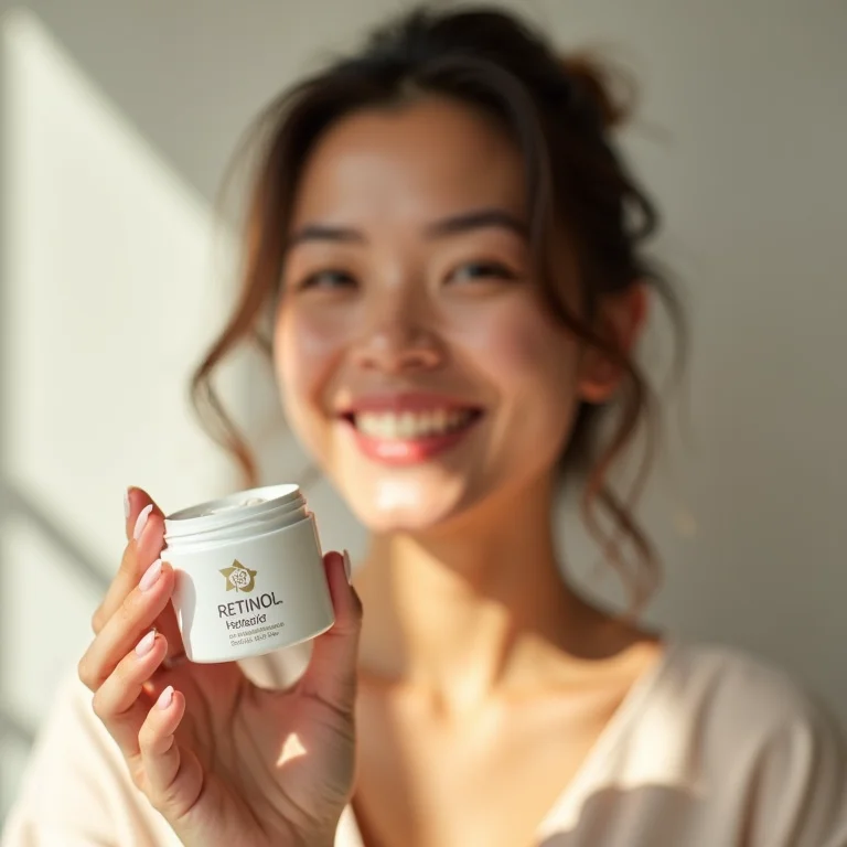 Mulher plus size sorrindo e segurando produto com retinol.