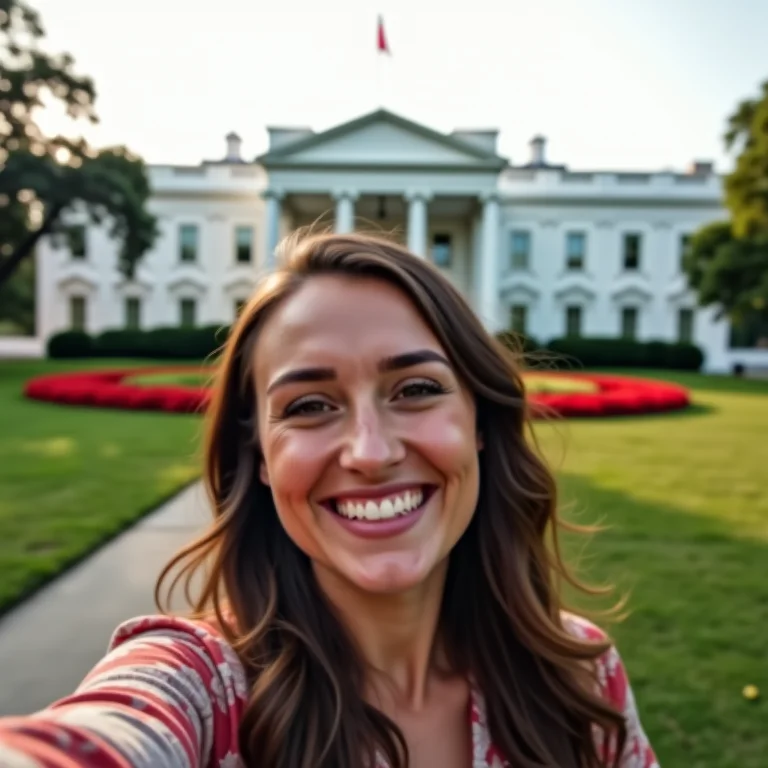 Mulher Plus Size sorrindo em frente à Casa Branca