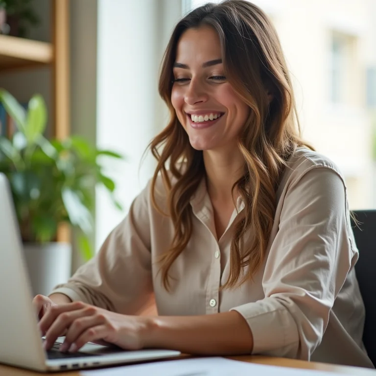 Mulher plus size sorrindo em video chamada no laptop