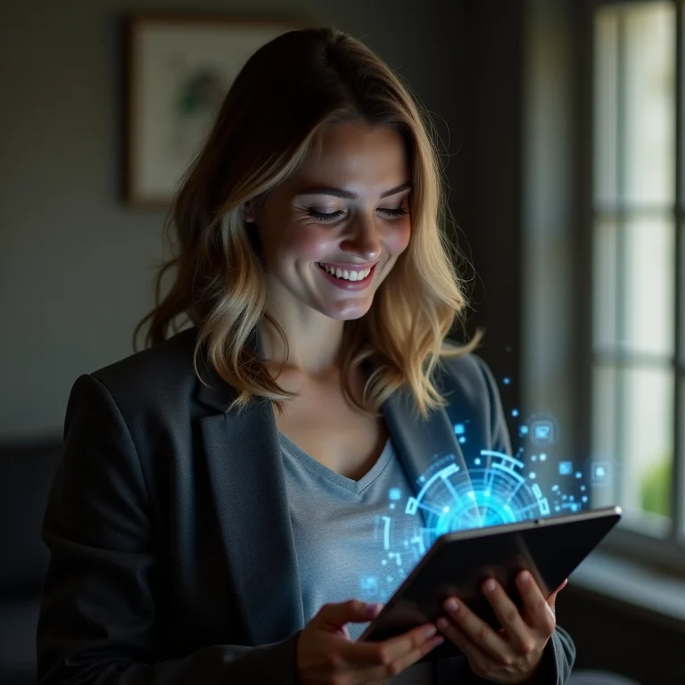 Mulher Plus Size usando tablet com IA para resolução de conflitos