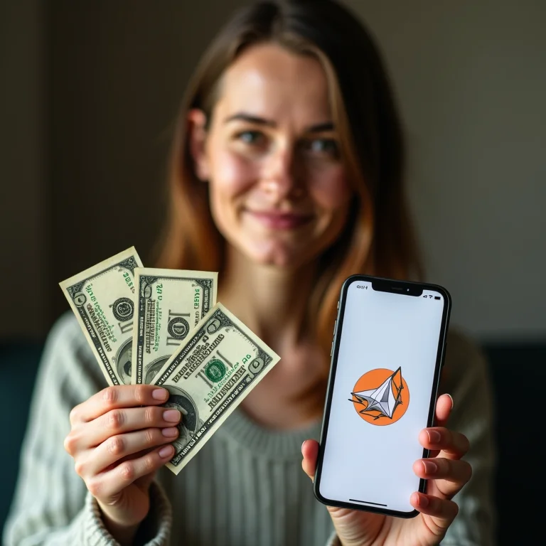 Mulher segurando dólar e NFT, ilustrando a diferença.