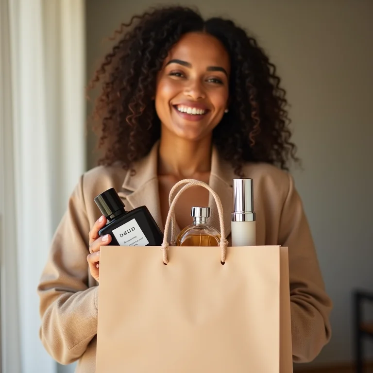 Mulher segurando sacola de compras do duty-free