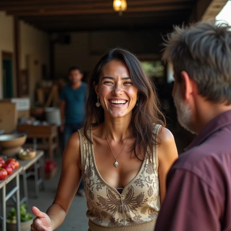 Mulher sorrindo ao tentar se comunicar em espanhol com um local.
