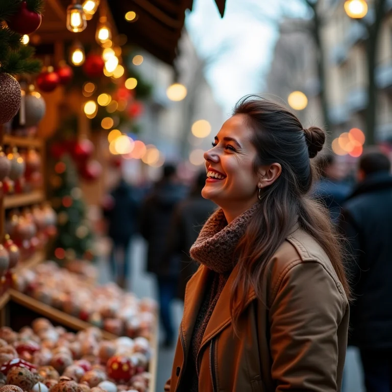 Mulher sorrindo enquanto explora mercado de Natal em Barcelona.