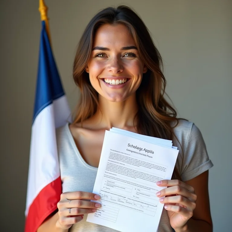 Mulher sorrindo segurando formulários de aplicação para bolsas de estudo na França.