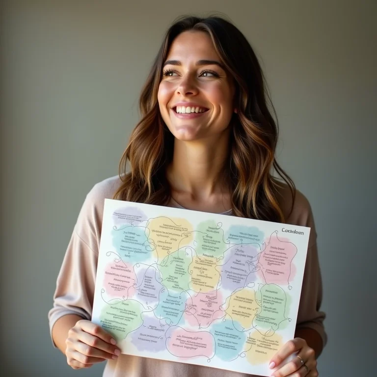 Mulher sorrindo segurando mapas mentais coloridos.