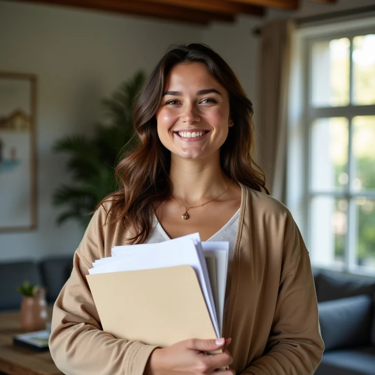Mulher sorrindo segurando pasta com documentos de propriedade