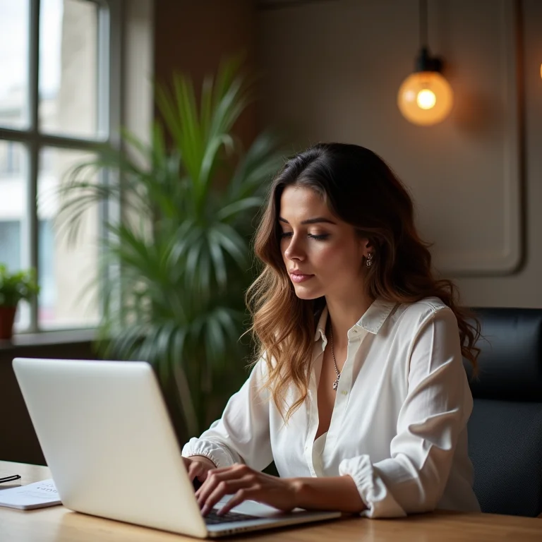 Mulher trabalhando em um espaço de co-working moderno em Paris, focada em suas tarefas.