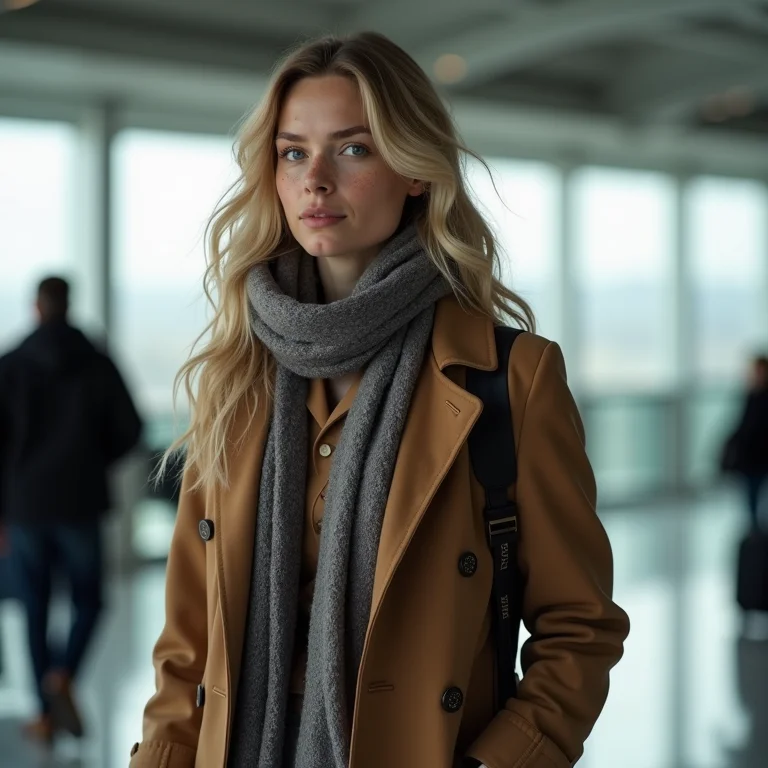 Mulher vestida em camadas para viajar de avião