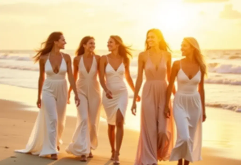 Mulheres diversas celebrando em um casamento na praia.
