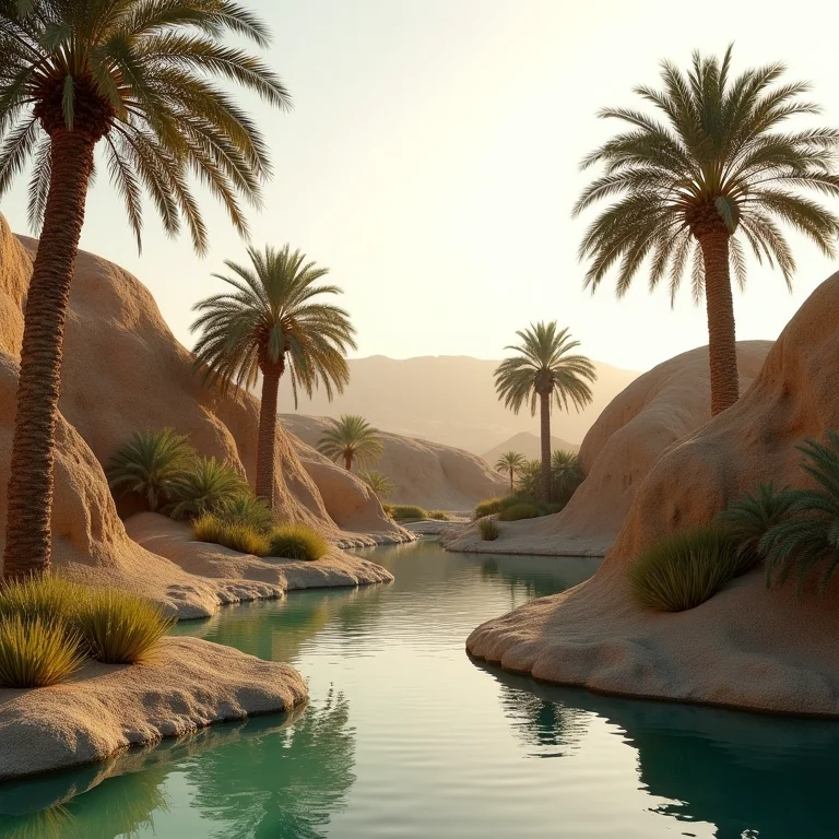 Oásis escondido no deserto egípcio com palmeiras