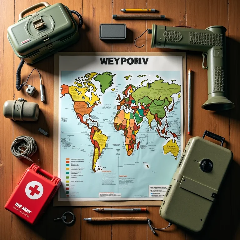 Objetos representando áreas de atuação no Exército, como mapa, kit médico e rádio comunicador