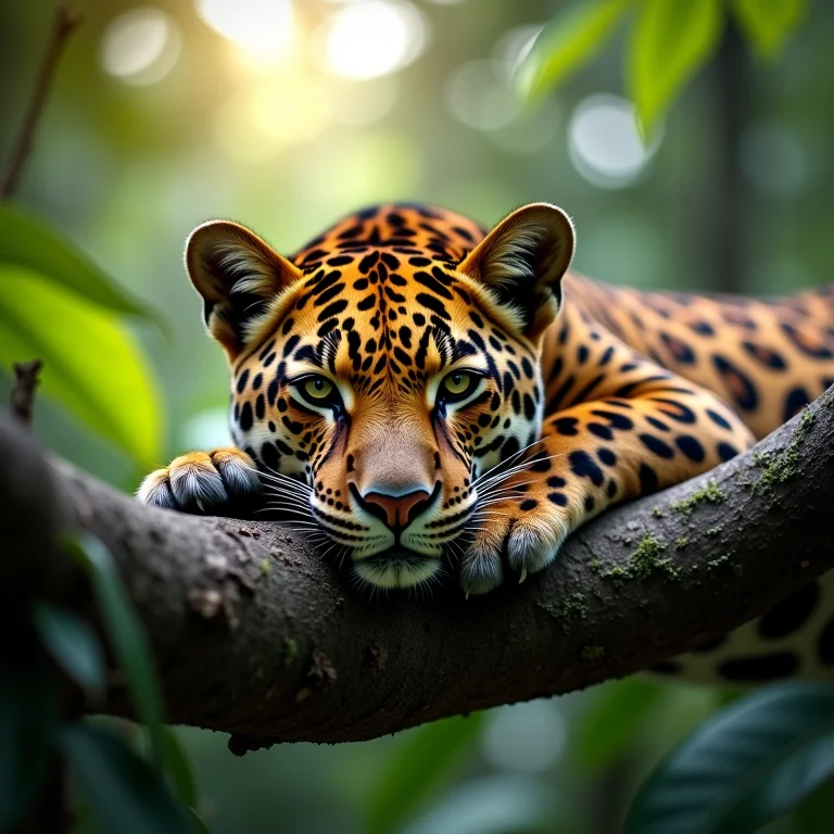 Onça-pintada descansando em árvore na Amazônia
