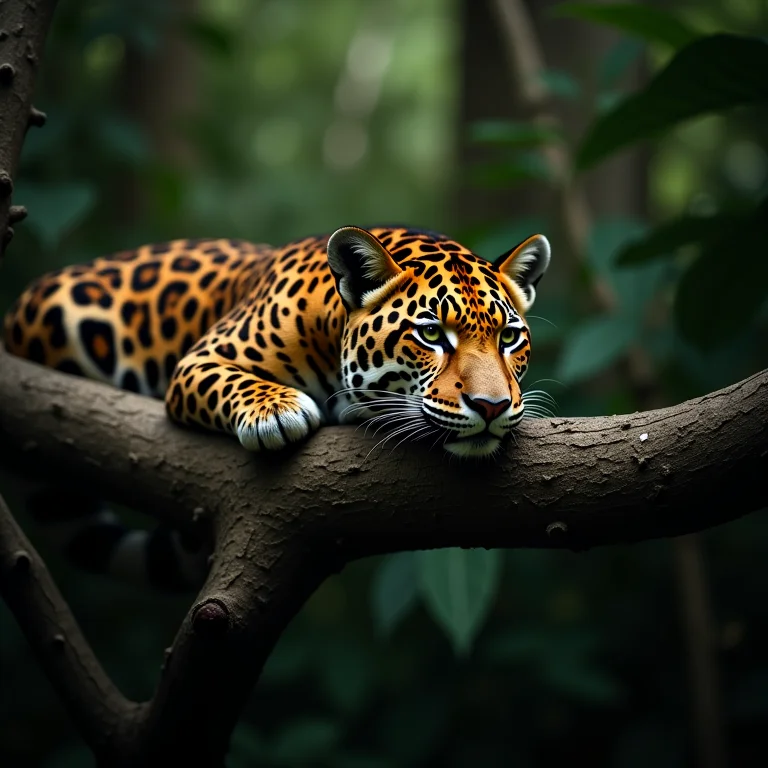 Onça-pintada descansando em uma árvore na Amazônia