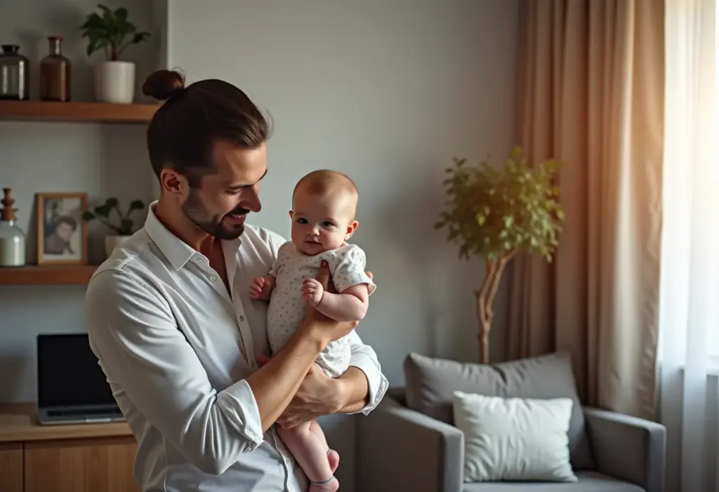 Moda para pais de primeira viagem: o guia prático e estiloso Pai de primeira viagem estiloso com bebê em apartamento moderno.