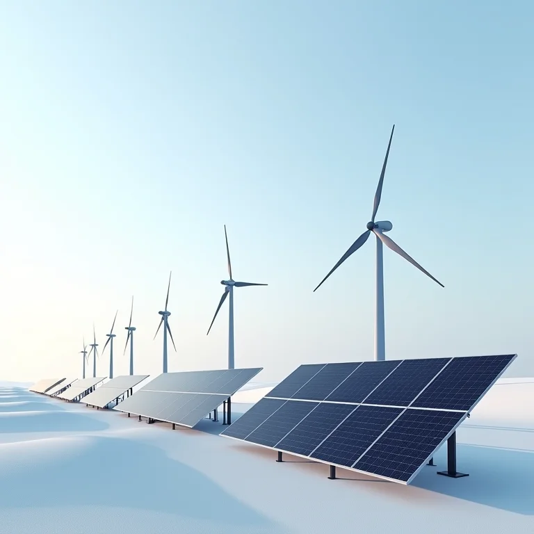 Painéis solares e turbinas eólicas em cenário minimalista