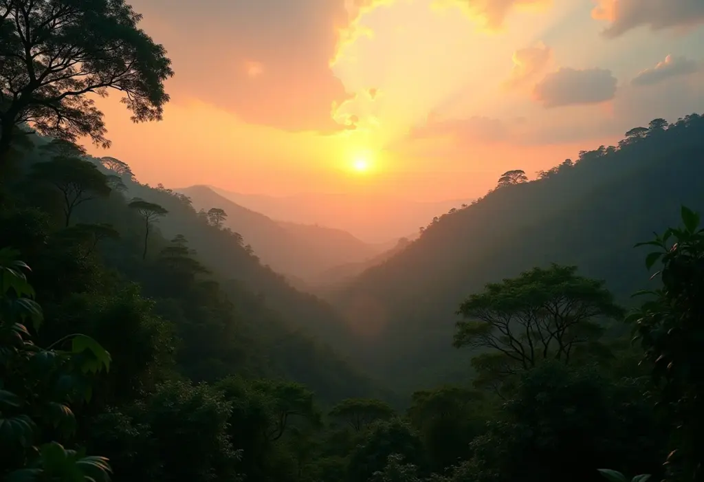Paisagem da Amazônia ao pôr do sol exibindo biodiversidade