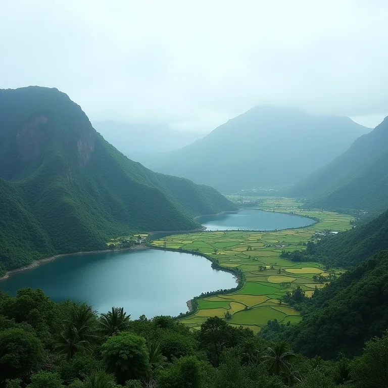 Paisagem deslumbrante da Ilha de Flores, Indonésia, com lagos vulcânicos e arrozais