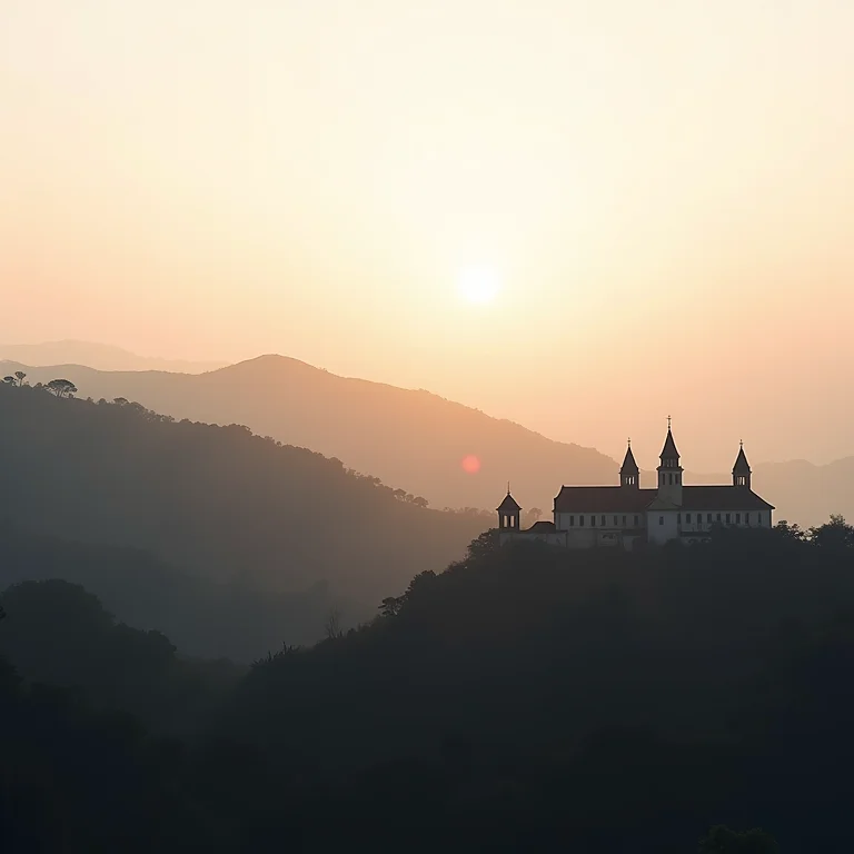 Paisagem urbana de Vila Velha com o Convento da Penha ao amanhecer