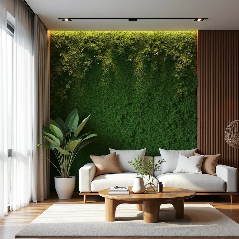 Parede verde artificial em sala de estar moderna